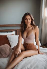 Arafed woman sitting on a bed in a pink bra top - SeaArt AI