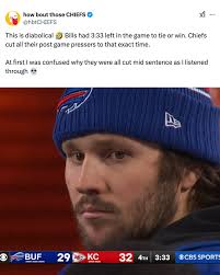 Chiefs cut all their post game pressers to 3:33… the exact time the Bills  had left to win or tie the game 😅 Diabolical 😭