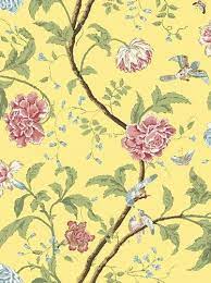 Bringing bold colour and quirky pattern to your walls! Wallpaper Pink Red Blue Green Floral Vine With Blue Birds Butterflies On Yellow Ebay Wallpaper Bird Wallpaper Botanical Wallpaper