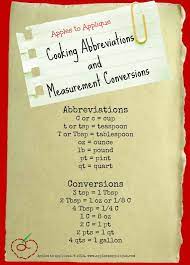 Common cooking abbreviations cooking abbreviation(s) unit of measurement oz ounce pt pint t, tsp teaspoon t, tb, tbl, tbsp tablespoon. Cooking Abbreviations And Measurement Conversions Free Printable Apples To Applique Recipe Book Diy Abbreviations Cooking In The Classroom