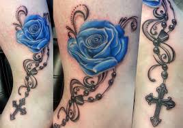 Blue Rose Tattoo With Rosary Rosary Tattoo Pretty Flower Tattoos Purple Rose Tattoos