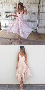 A Line V Neck Asymmetrical Pearl Pink Lace Bridesmaid Homecoming Dress Pink Bridesmaid Dresses Short Red Bridesmaid Dresses Pink Bridesmaid Dresses