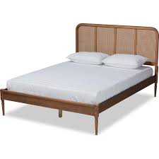 Baxton Studio Elston Mid-Century Modern Walnut Brown Finished Wood and Synthetic Rattan King Size Platform Bed