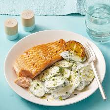 Low Cal Salmon With Creamy Feta Cucumbers Recipe Gluten Free Recipes For Dinner Recipes Food