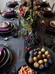 Cooking thanksgiving dinner, especially for just a few people, doesn't mean you have to break out every pot, pan, and baking dish in your kitchen to pull it off. Inspiration For An Elegant Purple Jewel Toned Tablescape Thanksgiving Tablescapes Dinner Party Tablescapes Holiday Tablescapes