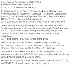 The pagasa prepares and issues the corresponding flood bulletins at the exact time. Pagasa Dost On Twitter Heavy Rainfall Warning No 1a Ncr Prsd Weather System Typhoon Rollyph Issued At 12 00 Pm 01 November 2020