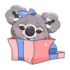 personnage de vecteur de dessin animé mignon koala kawaii. animal souriant  adorable et drôle dans une boîte cadeau autocollant isolé, patch. cadeau de  bébé koala anime, emoji surprise d'anniversaire sur fond blanc