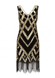 Gatsbylady Glitz Black Gold Fringe Flapper Dress Vintage Flapper Dress Gold Flapper Dress Fringe Flapper Dress