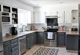 Traditional Dark Brown Cabinet Gray Kitchen Island Beige Tile Ceramic Backsplash Dark Countertops White Kitchen Makeover Gray And White Kitchen Kitchen Design