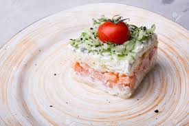 Russian Smoked Salmon Salad Served On A Plate Stock Photo Picture And Royalty Free Image Image 129266546