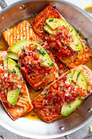 Pick one of these easy, yummy salmon recipes for dinner tonight; Seared Salmon With Avocado Tomato Salsa Cafe Delites