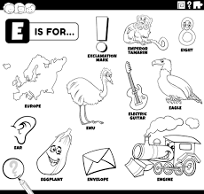 Download 40674 letter e stock illustrations, vectors & clipart for free or amazingly low rates! Letter E Words Educational Set Coloring Book Page 7048125 Vector Art At Vecteezy