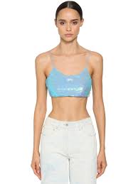 Off White Logo Sequined Crop Top Light Blue Luisaviaroma