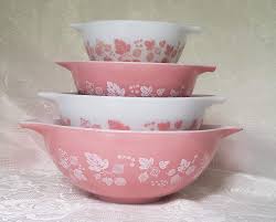 This wonderful vintage set of 4 mixing bowls was produced by pyrex and features the cinderella shape in the gooseberry pattern in gorgeous pink and white. Vintage Pink Gooseberry Pyrex Cinderella Set 441 444 Sold Aunt Gladys Attic