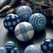 Set Of Four Ceramic Balls Large White Ornaments White Pottery Porcelain Blue