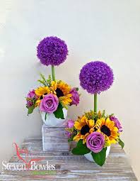 Alliums Topiary Flower Arrangement Wedding Topiary Centerpieces In Purple And Yellow Weddin Flower Arrangements Fresh Flowers Arrangements Beautiful Flowers