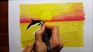 Dolphins scenery sunset drawing color pencil wwwgalleryneedcom. Landscape In Colored Pencil Sunset And 2 Dolphins Drawing Like Youtube