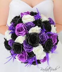 Purple And Black Wedding Bouquet With Feathers Purple Wedding Theme Silk Flowers Wedding Black Wedding Flowers