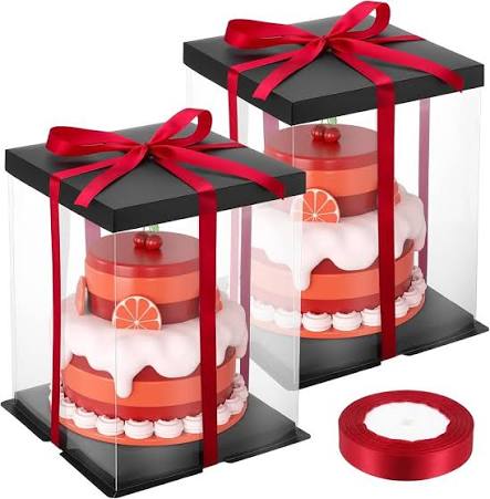 saerryor 2 Pack Clear Cake Boxes with Lid & Ribbon, 22x22x30cm, Black | Transparent Plastic Cake Carrier Containers, Gift Packaging Boxes, for Birthday Wedding Celebrations Party : Amazon.co.uk: Home & Kitchen