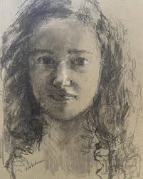 Graphite sketch of Emma. I was captured by the calm expression in Emma's  eyes, her abundant hair and soft smile. #pencildrawing #charcoalsketch  #drawingpeople #annwatcherart #pencilsketch✏ #ncartist #portraitsketches  #figuredrawings