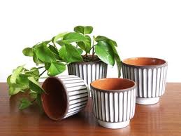 Set Of Four Vintage Flower Pots 60s Planter German Ceramic Pot White Brown Striped Plant Pot Made In Ge Ceramic Flower Pots Vintage Flower Pots Flower Pots