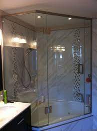 Shower Enclosure Above Neo Angle Jacuzzi Tub Square Hardware Brushed Nickle Finish Tub Enclosures Bathroom Inspiration Shower Enclosure