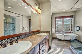 Double vanities size bathroom vanities. Master Bathroom With Double Sink Vanity Cabinet Walk In Shower Stock Photo Picture And Royalty Free Image Image 108426766