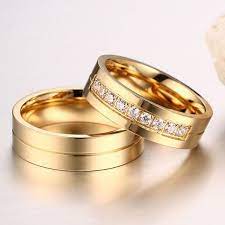 Korean New Titanium Steel Inlaid Cubic Zirconia Golden Couple Rings Wedding Ring Bands Couple Ring Design Gold Rings