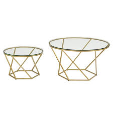French vintage gilt brass and glass coffee table with nesting side tables. Walker Edison Geometric Glass Nesting Coffee Tables Gold Af28clrgggd Rona