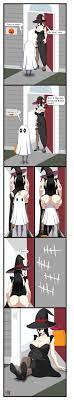 age difference anal vore black hair black lipstick costume  dialogue english text halloween high heels implied digestion mimic hat  orange eyes sequence shibekutaato (artist) size difference soft vore spread