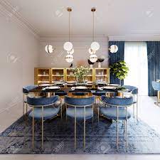 This dining room design is all about wood furniture and blue details, from the cool dining chairs to. Fashionable Designer Dining Table Black Countertop Blue Chairs Yellow Furniture Dining Area With Kitchen Multi Colored Meel 3d Rendering Stock Photo Picture And Royalty Free Image Image 150291462