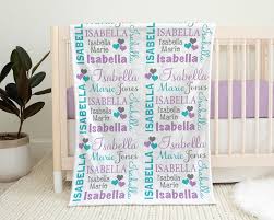 Personalized Hearts Baby Blanket, Baby Name Blanket Purple and Aqua Hearts,  Pretty Baby Girl Swaddle, Newborn Gift With Hearts and Name