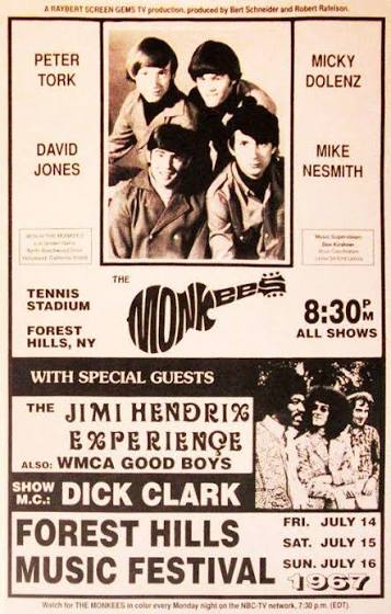 On July 14, 1967 The Jimi Hendrix Experience as part of The Monkees tour perform their first show at the Forest Hills Tennis Stadium in Queens, New York.