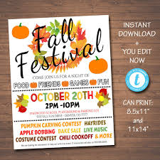 Editable Fall Festival Fall Harvest Flyer Poster Printable Etsy Printable Halloween Invitations Community Halloween School Halloween Party