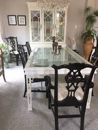 Found On Estatesales Net White Wood Glass Top Chinese Chippendale Table And Black Lacquer Chairs Dining Table Makeover Glass Dining Table Wood Dining Table