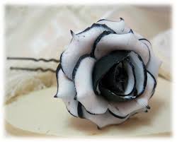 Black and white hand drawn flowers with olive branch. Black Tipped White Rose Hair Pins Stranded Treasures