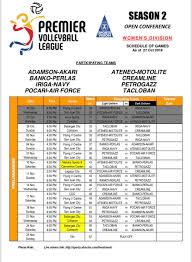 Jul 02, 2021 · the first season of the pro volleyball league will kick off on july 17, 2021 at the laoag centennial arena to be participated by 15 teams from various parts of the country. Premier Volleyball League On Twitter Updated Pvl Open Conference Schedule As Of October 27 2018 Pvlonabscbn