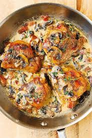 Season both sides of the chicken thighs with salt and pepper add half of the chicken and half of the crushed garlic to the pan. Chicken Thighs With Creamy Bacon Mushroom Thyme Sauce Julia S Album