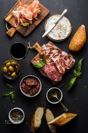 Wine Snack Set Glass Of Red Meat Selection Mediterranean Olives Sun Dried Tomatoes Baguette Wine Snacks Food Combining Food Flatlay