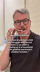 when your child eats Goldfish or cheddar bunnies, the starches break down  into sugar and coat the teeth in this sticky paste that clings into every  groove. I can literally see it