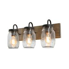 Lnc Farmhouse Bathroom Vanity Light 3 Light Dimmable Powder Room With Wood Accents And Clear Mason Jar Shades Ir2irzhd13551p6 The Home Depot