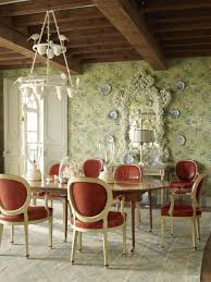 Cathy Kincaid Designed Dining Room With Green Wallpaper And Red Leather Chairs And Exposed Beams Comfy Living Room Furniture Home Dream Dining Room