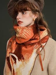 hand painted red fox long scarf