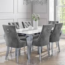 Our dining room chairs are available in red oak, brown maple, cherry, quarter sawn white oak, hickory, and walnut, and you can choose wood, fabric, or leather seats. White Jade Boutique Dining Set With 6 Dining Chairs In Grey Velvet Furniture123 White Dining Room Table Grey Dining Room Table Grey Dining Room