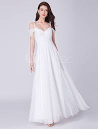 Prom Dresses White Off Shoulder Lace Chiffon Floor Length Long Bridsmaid Dress