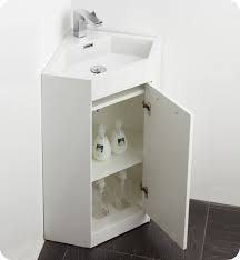 W vanity in white with cultured marble vanity top in white with white basin and mirror has elegant styling that will complement a wide variety of bath or powder room decor. 18 Inch Small White Modern Corner Bathroom Vanity