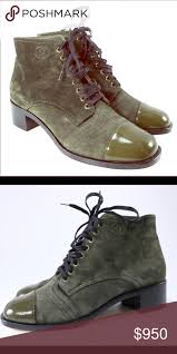 Chanel Green Olive Dark Suede Derby Ankle Boots Green Boots Boots Ankle Boots