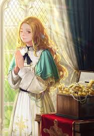 jdori, maria yeriel, the second coming of gluttony, black neckwear,  highres, official art, 1girl, ;), aqua capelet, blonde hair, brown eyes,  capelet, coin, curtains, dress, fantasy, glint, gold, gold bar, gold trim,