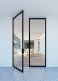 Double Glass Pivoting Door With Steel Look Frames Portapivot Modern Exterior Doors Double Glass Doors Glass Door Hinges