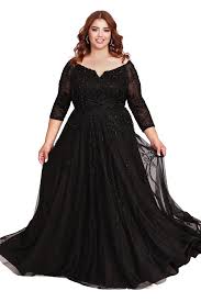 Long Sleeve Embellished Fit To Flare Mother Of The Bride Dress Black 12164w Evening Dresses With Sleeves Evening Dresses Plus Size Formal Dresses With Sleeves